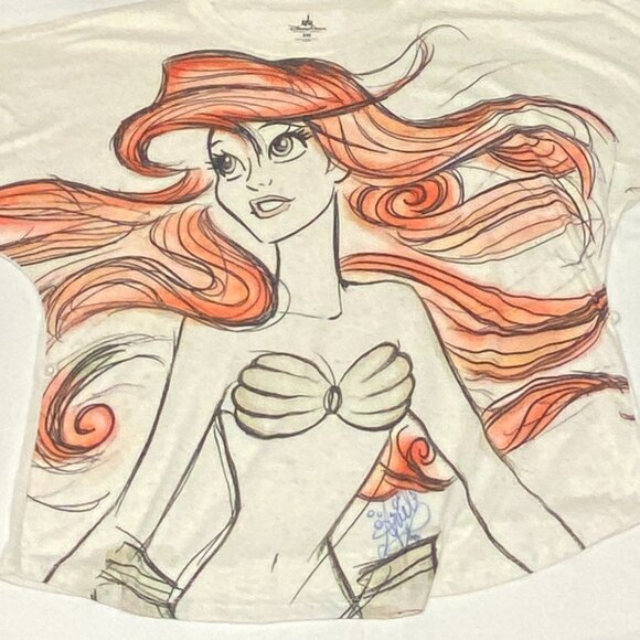 Disney Parks Princess Signed Short Sleeve Ariel Linen Blend Tee Cream Natural - Picture 10 of 13